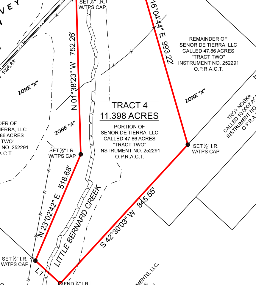 Excerpt from the filed boundary survey for Tract 4, Austin County, Texas, prepared by Texas Professional Surveying.